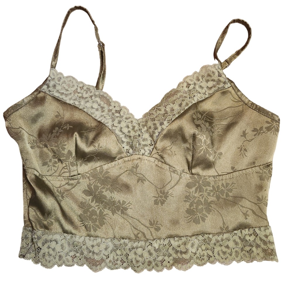Fairy whimsy Olive Green Floral Satin Lace Trim Camisole Crop Top XS‎
